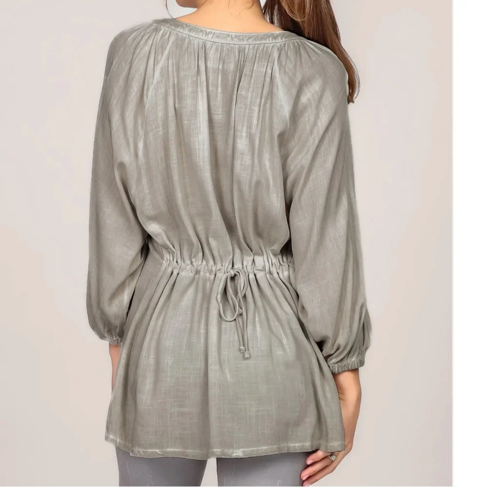 M. Rena Cinched Back Ruched Blouse V-neck size S/M - Picture 2 of 13